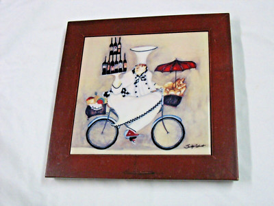 Jennifer Garant Fat Chef Bicycle Framed Art Tile Wall Art Trivet 8'' X 8''  Inches