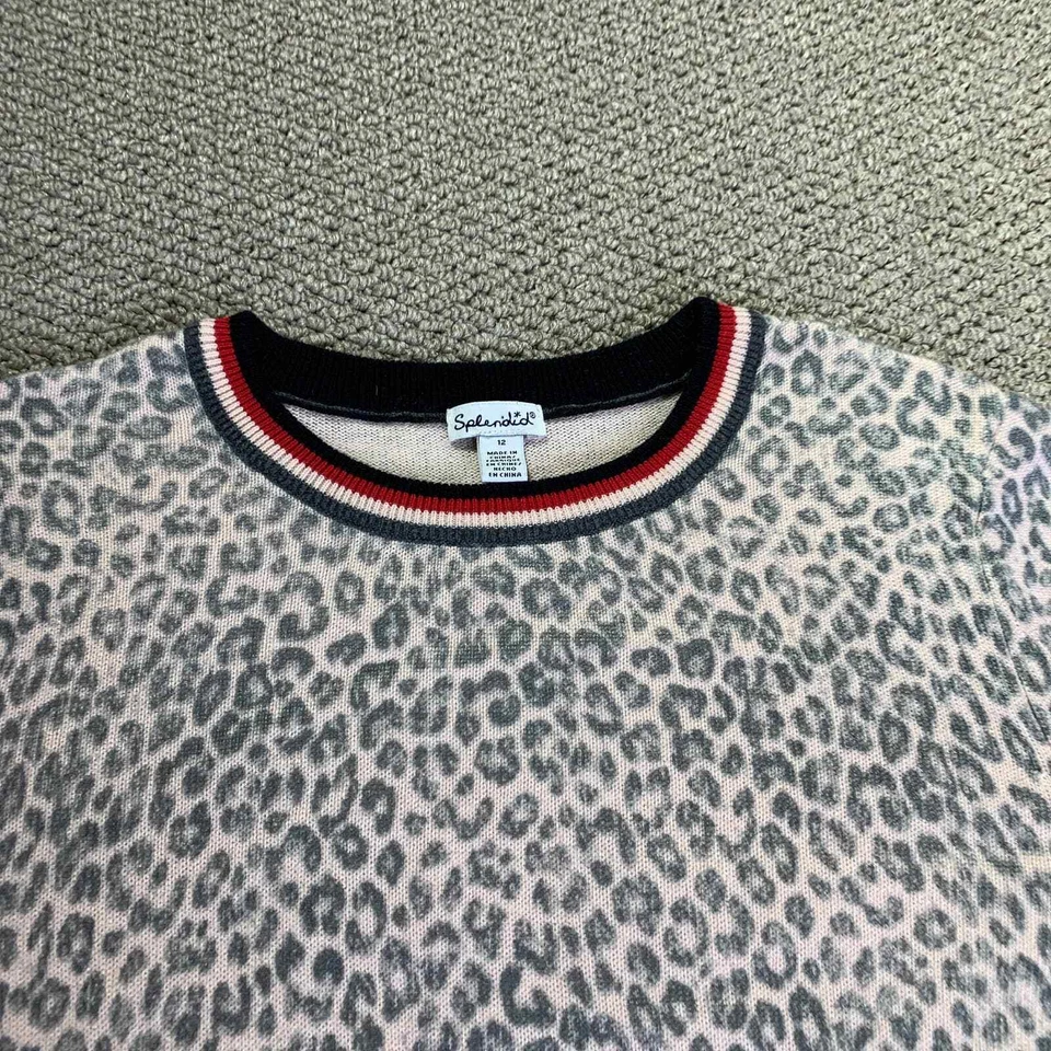 Splendid Girls Sweater Size 12 Pink Gray Leopard Print Long Sleeves Pullover* Foto 2 de 4