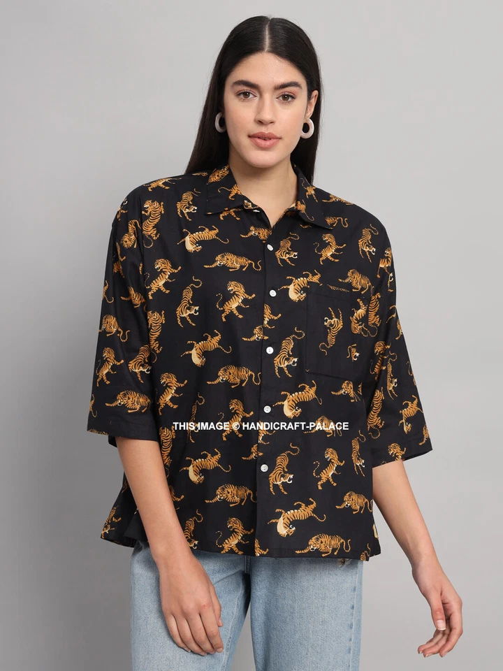 Donna Nero Leopardo Cotone Camicia Estiva Larga con Bottoni Manica Corta Top - Immagine 2 di 4