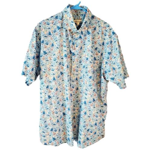 Peter Millar Mens Large Shirt Pirate Rum Skulls Blue Short Sleeve Hawaiian Cuban