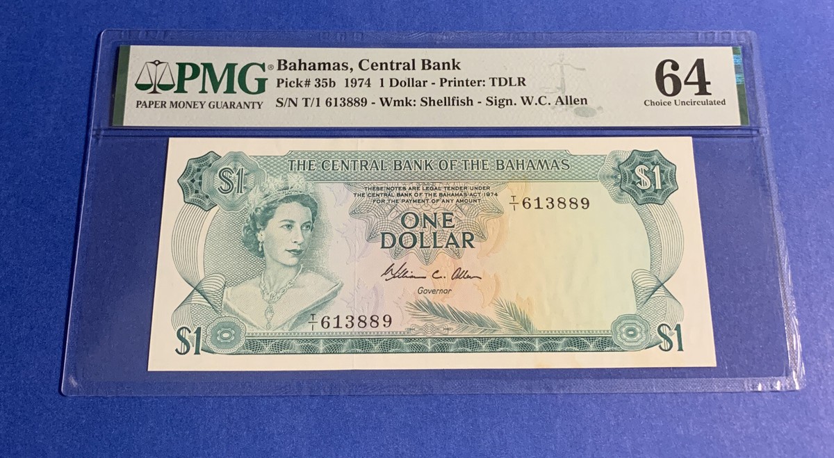 PMG Bahamas, Central Bank $1 Banknote 1974 Choice UNC 64 p35b Sing