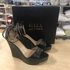 G.I.L.I. 8M Avery Black Leather Ankle Strap Wedges - NEW!