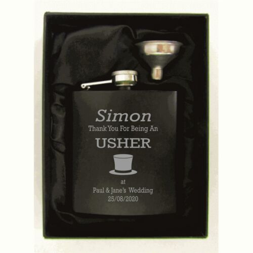Personalised  Usher Top Hat  6oz Mat Black Hip Flask In A Silk  Gift Box HF600 - Picture 1 of 1