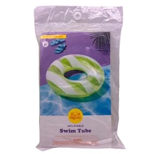 NEW Sun Squad Inflatable Swim Tube Green White Pool Float 31" Diameter Ages 9+