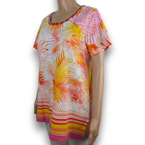 Ruby Rd. Tropical Print Abstract Top Sequin Accent Orange yellow Pink Size L - Picture 2 of 9