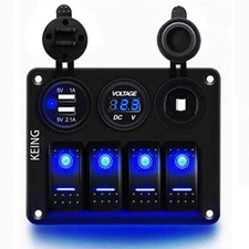 KEING 4 Gang 12V-24V DC Rocker Switch Panel Waterproof LED  Assorted Colors 