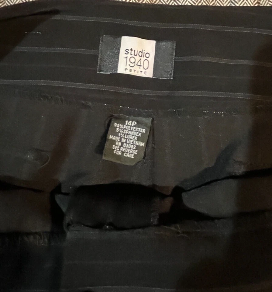 Studio 1940 Black Pinstripe Flat Front Zip Pants Cuffed Size 14P Wide Leg Women - Image 3 of 4