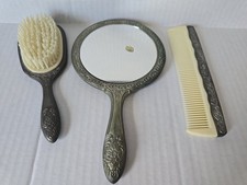 Vintage Vanity Set Hand Held Mirror, Brush And Comb Silver Plated