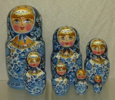 Signed Russian Matryoshka Wood Nesting Doll 7 Pc Blue Floral Hand Painted Vtg