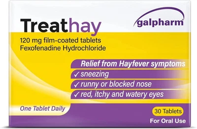 GALPHARM Treathay Fexofenadine 120mg 30 Tablets Relief From Hayfever Allergy Film Coated