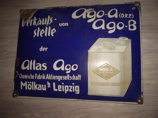 Emailleschild Atlas Ago Mölkau Leipzig um 1900