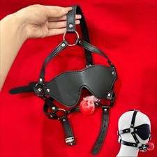 Head Harness Open Mouth Ball Gag with Blindfold Eye Mask Bondage Slave BDSM