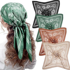 4 Pcs 27'' Square Satin Bandanas for Women, Paisley Green, Black, Brown, Camel