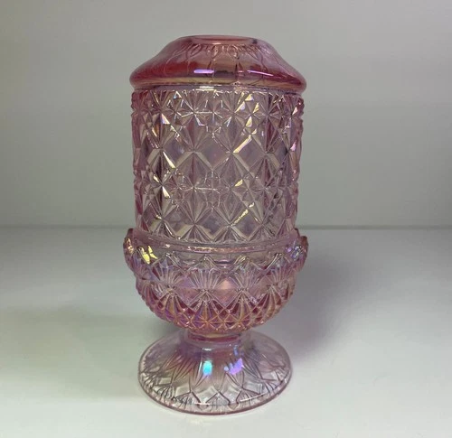 Fenton Art Glass Pink / Iridescent Candle Holder ~ Impressed Diamond Pattern