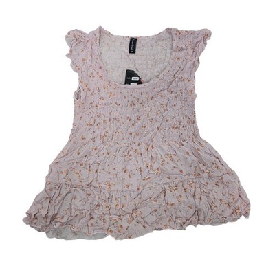 Sacred Threads Boho Floral Smocked Top OS Pink Ruffle Hem Peasant Blouse NWT