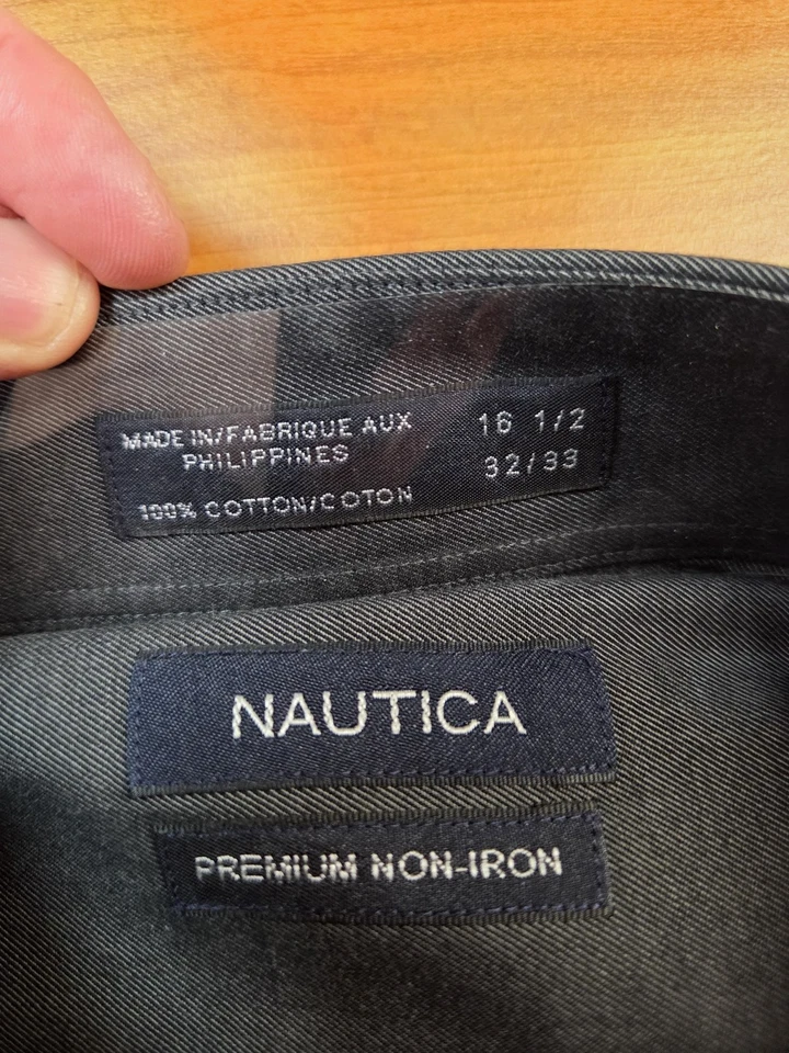 Nautica Shirt Mens 16.5 32/33 Grey Premium Non Iron Dress Button Up Classic - Image 2 of 4