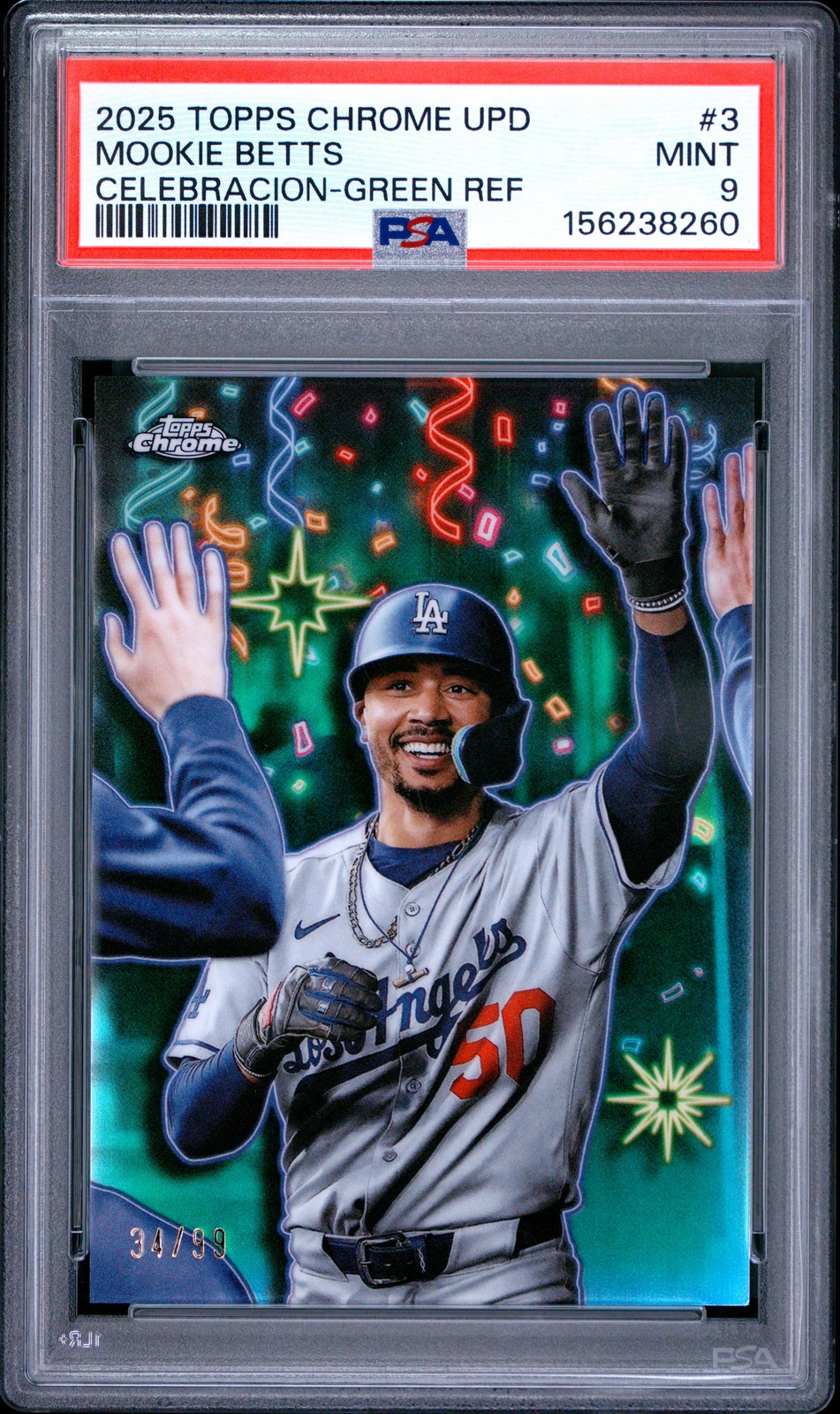 2025 TOPPS CHROME UPDATE CELEBRACION GREEN REFRACTOR #3 MOOKIE BETTS 34/99 PSA 9