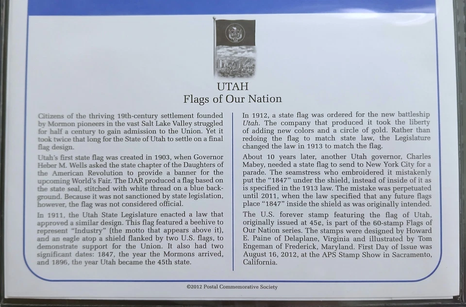 2012 Flags of Our Nation  UTAH State Flag USPS PCS FDC First Day Cover Cachet - Image 3 of 4