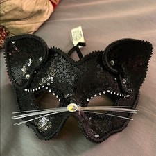 Black Sequin Cat Mask with Whiskers