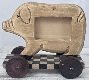 Vintage Folk Art Wooden Pig Table Top Photo Picture Frame Rustic Farmhouse