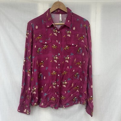 Roper Shirt Womens L Long Sleeve Retro Cowboy Printed Rayon Pearl Snap Western