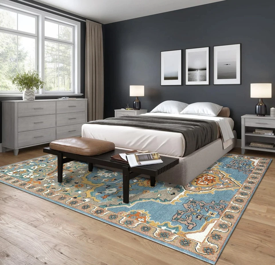 Womenarts New Heriz Blue Handmade Tufted Woolen Area Rugs & Carpet - Image 3 of 4