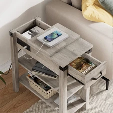 End Table ,Narrow Bedside Table with Drawer & Charging Station for Small Space