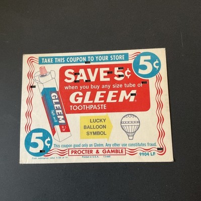 Vintage Gleem toothpaste Procter & Gamble Store Coupon 5 Cent