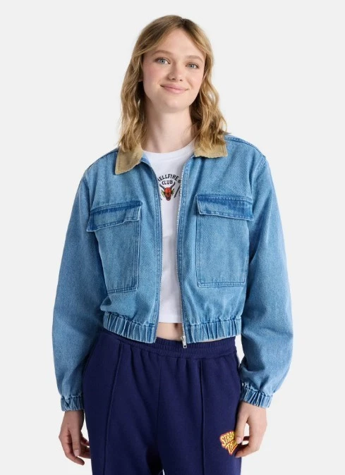 New Stranger Things Women's Denim Blue Jean Jacket w/Patches Size Large 12-14