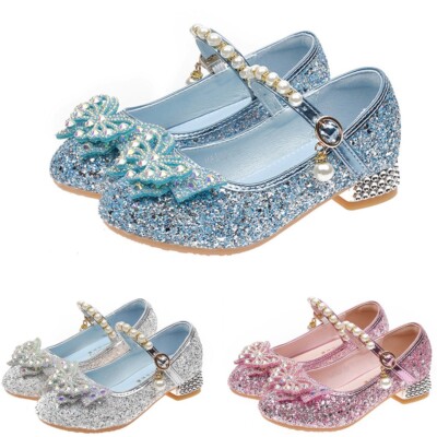 Little Girl Birthday Party Glittery High-Heeled Sequin Bow Pearl Princess Shoes