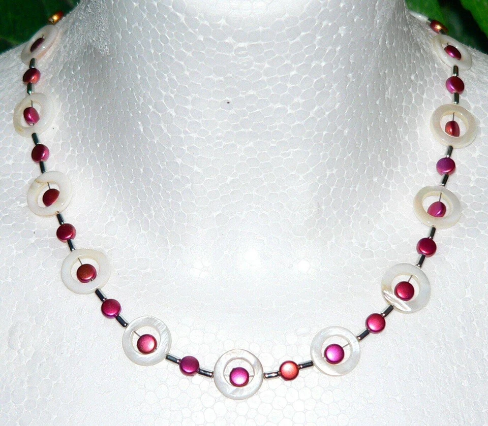 zarte kette Halskette Perlmutt Muschel naturweiss Perlen twocolor rot gold 406g - Bild 3 von 4