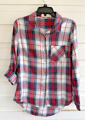 Thread & Supply Size S Red Plaid Flannel Roll Tab Long Sleeve Button Up Shirt