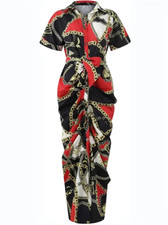 Women's Retro Lace Up Belt Button Long Dress, Short Sleeve V-neck