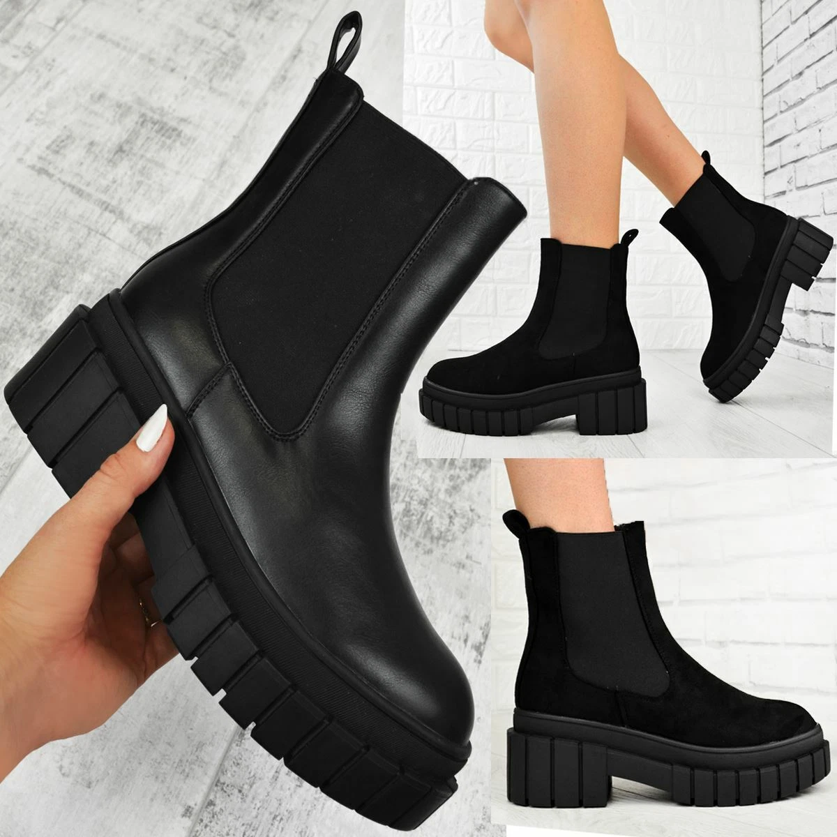 Womens Chunky Cleated Chelsea Ankle Boots Thick Sole Designer Winter Shoes New