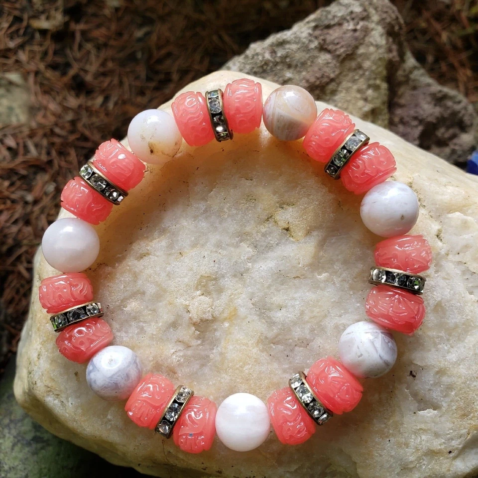 Handmade Stone Stretch Bracelet: Amazonite; Carved "OM" Shell Bead & Copper 10mm - Image 2 of 4