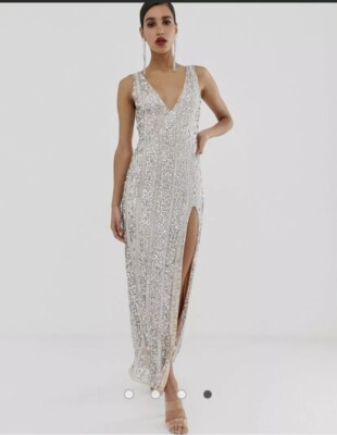 peace + love sequin dress Bnwt Missguided peace and love scoop back embellished midi dress in silver  14