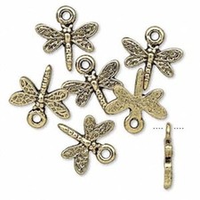 Charm, 6 Antiqued Gold Pewter 14x14mm Dragonfly Drop Charms