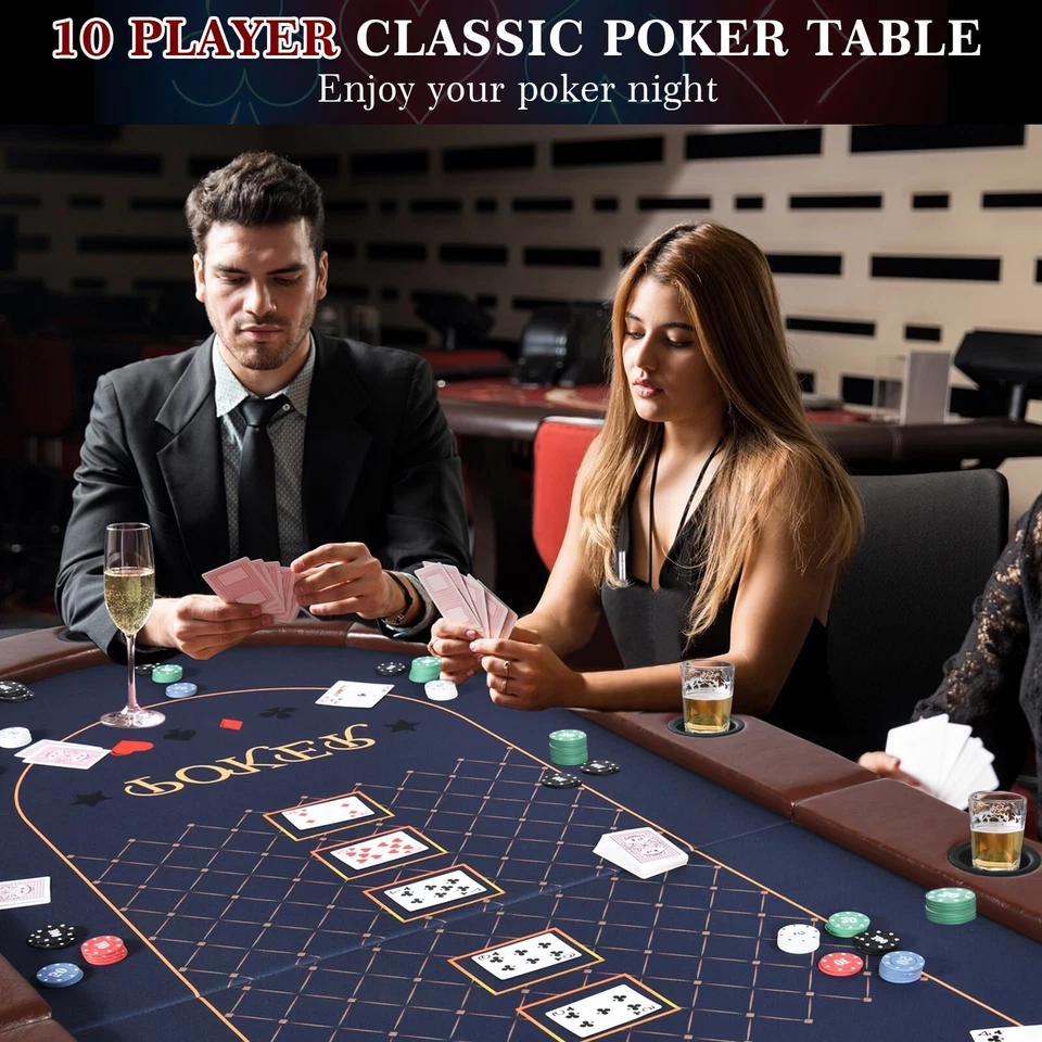 Poker Table 10 Player Texas Holdem Game Folding Casino Metal Leg Cup Holder 84in - Image 3 of 4