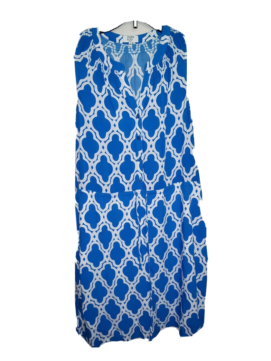 crown and ivy blue and white dress Womens & Sleeveless Blue/White Size 2P 2 Petites Ladies dresses
