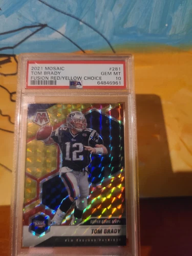 Tom Brady 2021 Mosaic Super Bowl MVP Fusion Red Yellow Choice Prizm #/80 PSA 10