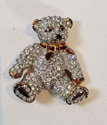 Swarovski Teddy Bear Enamel Brooch with 22K Gold Plating