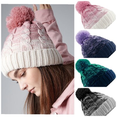 Beechfield Ombré Beanie CB459 Bommelmütze Wintermütze Strickmütze Zopfmuster