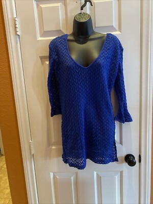 Blue Island Gauze Cover Up Tunic Top Lace Chevron Sz S 3/4 Sleeve Slit SidePG-16