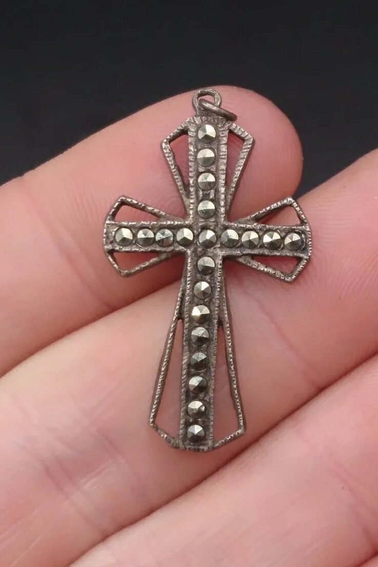 Antique Solid Silver Marcasite Set Cross Pendant.… - image 1