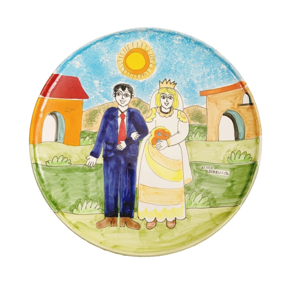 Nino Parrucca 鶏モチーフ 陶器プレート イタリア製ピンク Nino Parrucca Wedding Bride Groom Colorful 12 inch Wall Ceramic