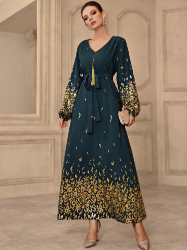 Dubai Women Muslim Maxi Dress Islamic  Long Sleeve Kaftan Vintage Dresses - Picture 1 of 13