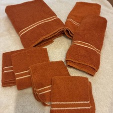 Vtg Cannon Bath Hand Towel Set 7 Pc Orange Dobby Stripe 70s MCM Cotton USA