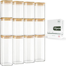 12-Pack Square Glass Storage Jars with Bamboo Lids 0.6Qt/1.06Qt - Stackable Fo