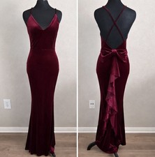 Burgundy Velvet Maxi Gown Open Back Bow Formal Evening Dress Bodycon Small Prom