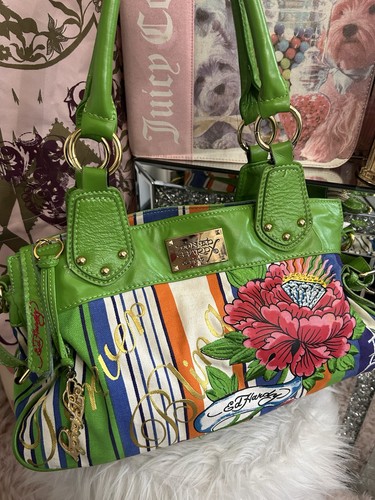 RARE Y2K VINTAGE ED HARDY STRIPE GREEN FOREVER BLING SATCHEL BAG CROSSBODY STRAP - Image 1